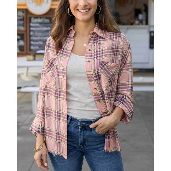 NEW GRACE AND LACE spring dune plaid button up in pink, purple, and tan - Picture 2 of 3